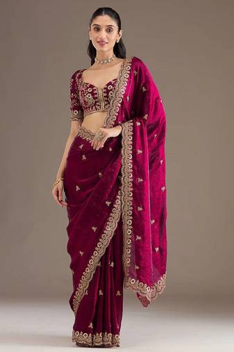 Maroon sequin embroidered, cut work satin silk bollywood saree with blouse