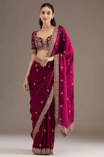 Maroon sequin embroidered, cut work satin silk bollywood saree with blouse