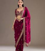 Maroon sequin embroidered, cut work satin silk bollywood saree with blouse