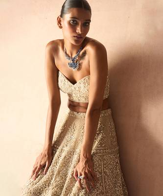 Ekru Embroidered Rambagh Silk Lehenga Set 4