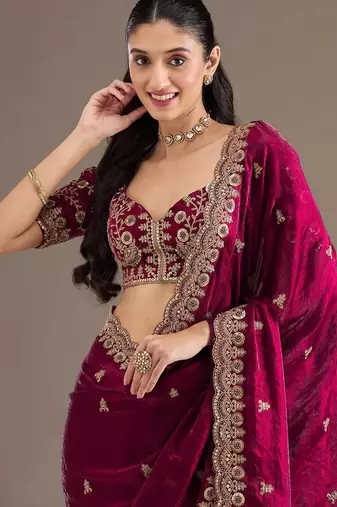 Maroon sequin embroidered, cut work satin silk bollywood saree with blouse