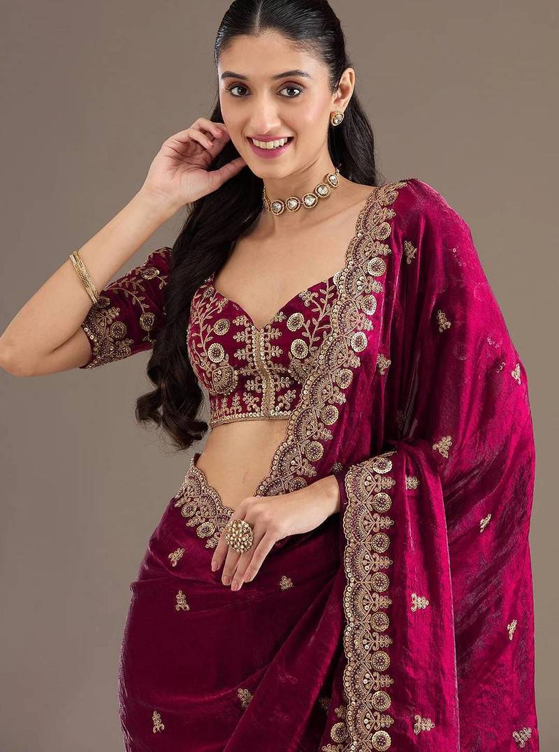 Maroon sequin embroidered, cut work satin silk bollywood saree with blouse