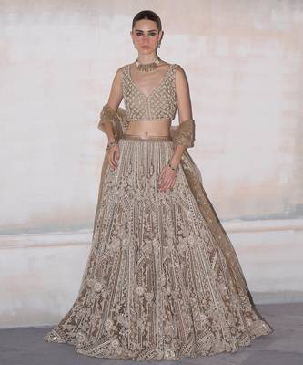 Champagne Gold Embroidered Rambagh Silk Lehenga Set 1