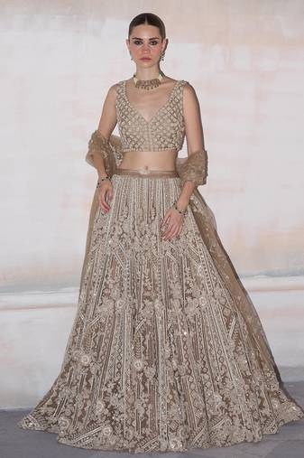 Champagne Gold Embroidered Rambagh Silk Lehenga Set