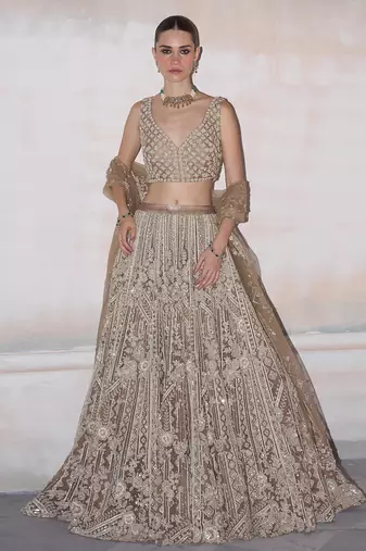 Champagne Gold Embroidered Rambagh Silk Lehenga Set