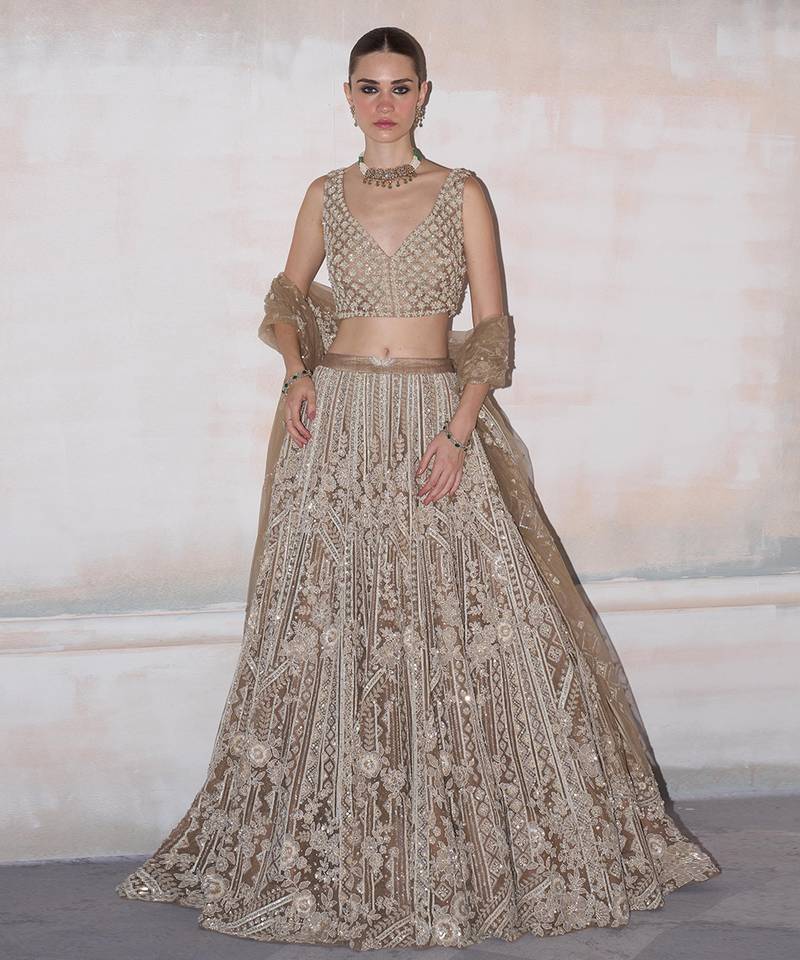 Champagne Gold Embroidered Rambagh Silk Lehenga Set