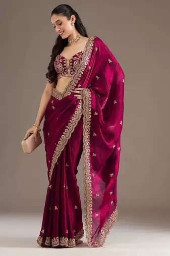 Maroon sequin embroidered, cut work satin silk bollywood saree with blouse
