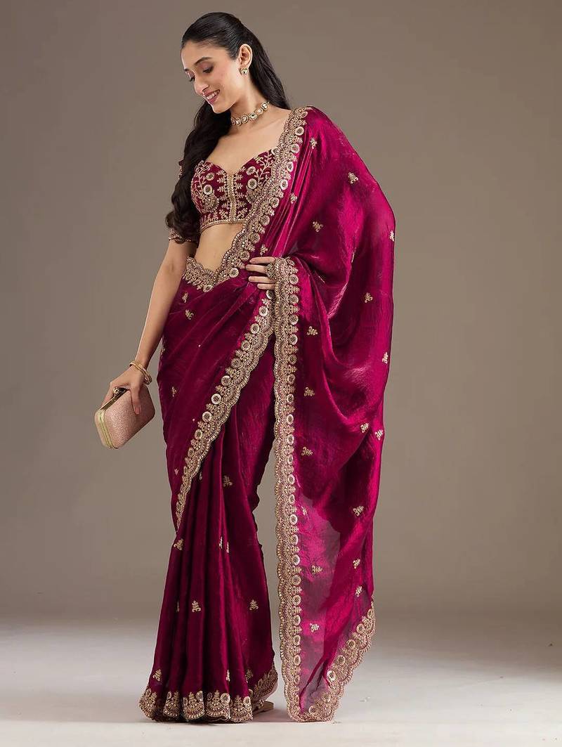 Maroon sequin embroidered, cut work satin silk bollywood saree with blouse