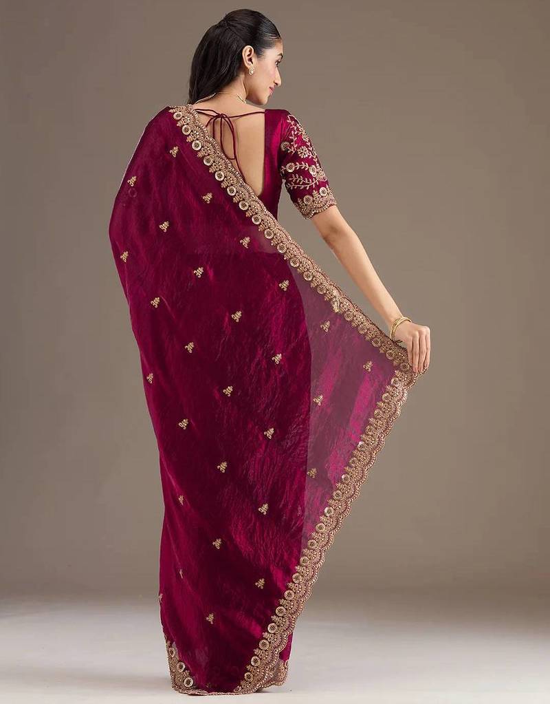 Maroon sequin embroidered, cut work satin silk bollywood saree with blouse