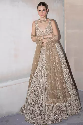 Champagne Gold Embroidered Rambagh Silk Lehenga Set