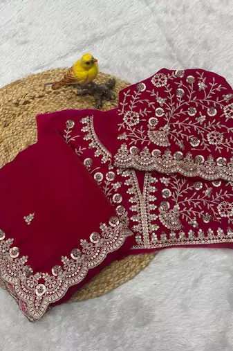 Maroon sequin embroidered, cut work satin silk bollywood saree with blouse