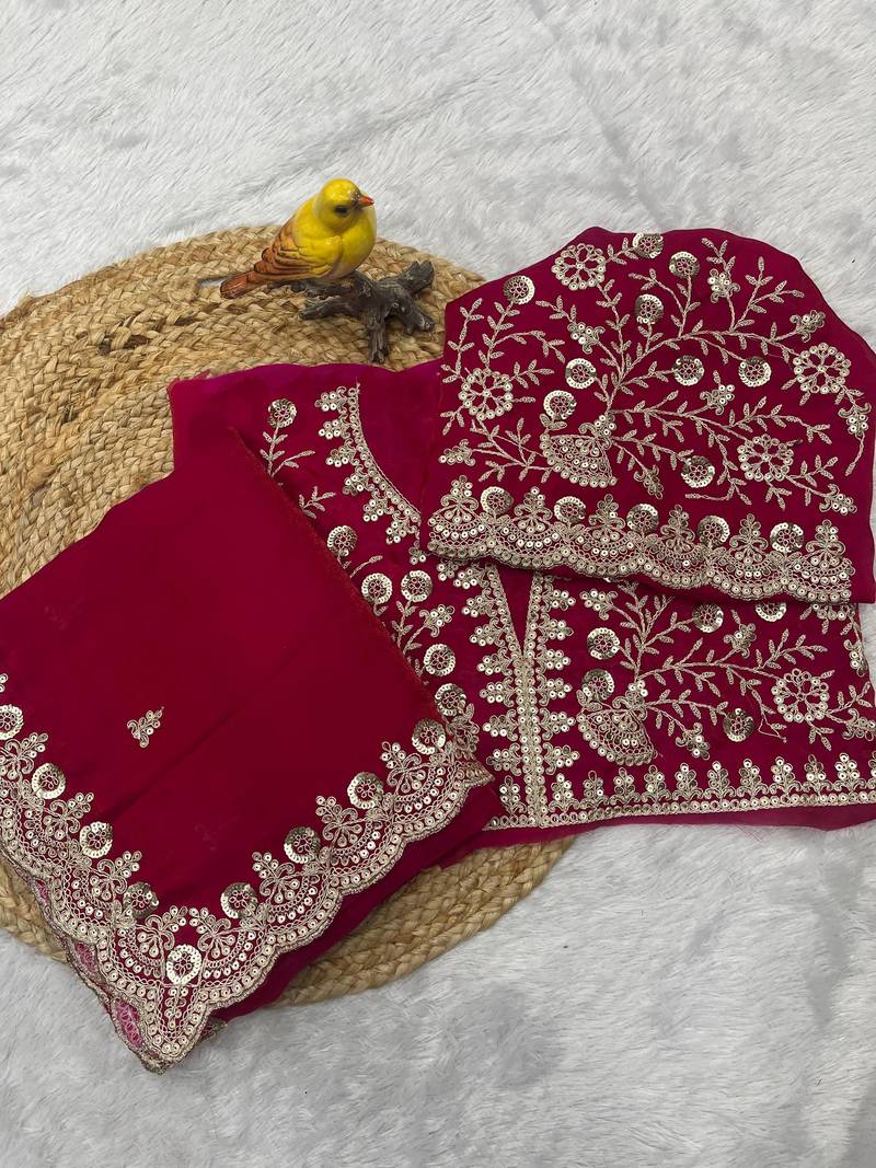 Maroon sequin embroidered, cut work satin silk bollywood saree with blouse