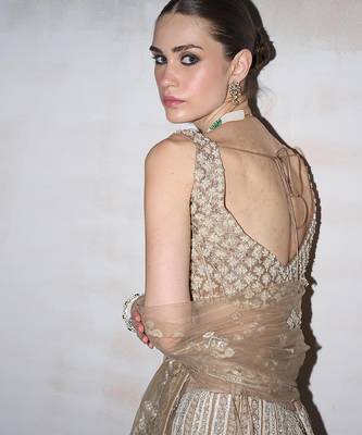 Champagne Gold Embroidered Rambagh Silk Lehenga Set 4