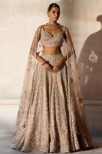 Dusty Pink Embroidered Rambagh Silk Lehenga Set