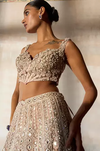 Dusty Pink Embroidered Rambagh Silk Lehenga Set
