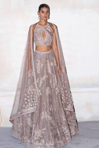 Dusty Pink Embroidered Tissue Silk Lehenga Set
