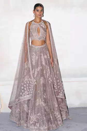 Dusty Pink Embroidered Tissue Silk Lehenga Set