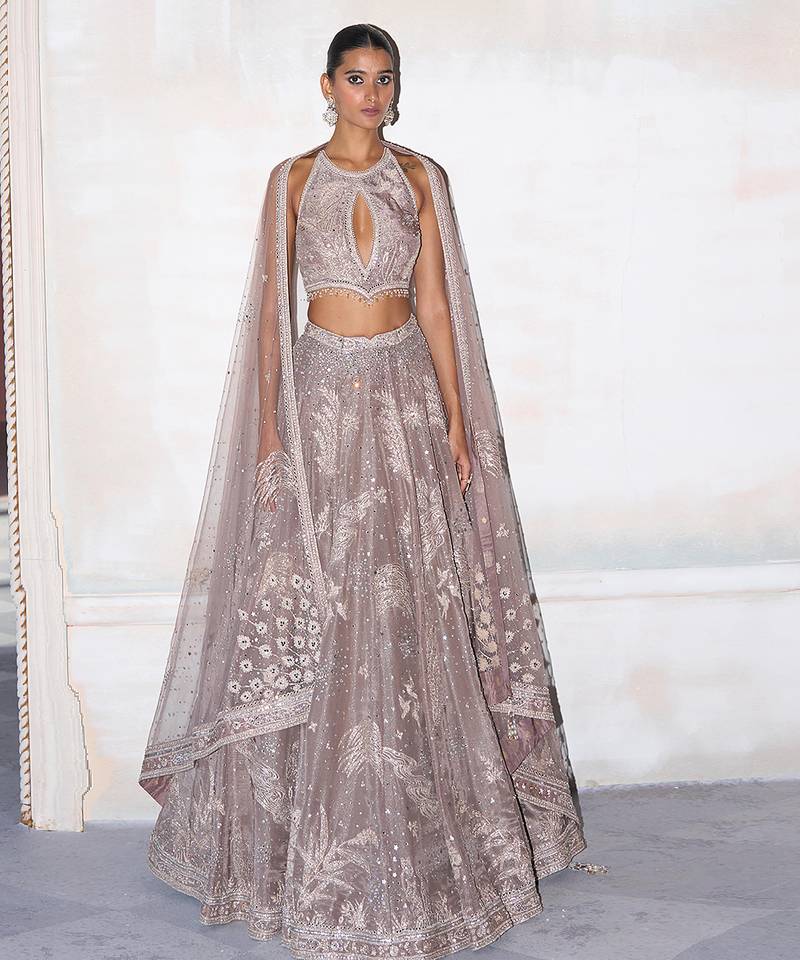 Dusty Pink Embroidered Tissue Silk Lehenga Set