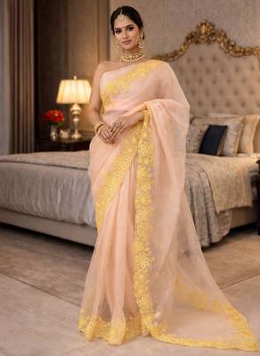 peach emboidered cut work organza saree with blouse 1