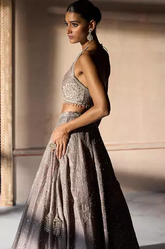 Dusty Pink Embroidered Tissue Silk Lehenga Set