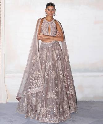 Dusty Pink Embroidered Tissue Silk Lehenga Set 4