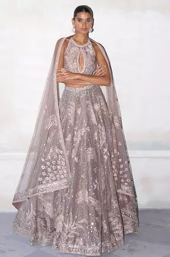 Dusty Pink Embroidered Tissue Silk Lehenga Set
