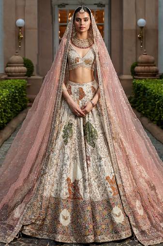 Ivory Embroidered Rambagh Silk Lehenga Set With Veil