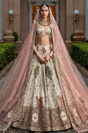 Ivory Embroidered Rambagh Silk Lehenga Set With Veil