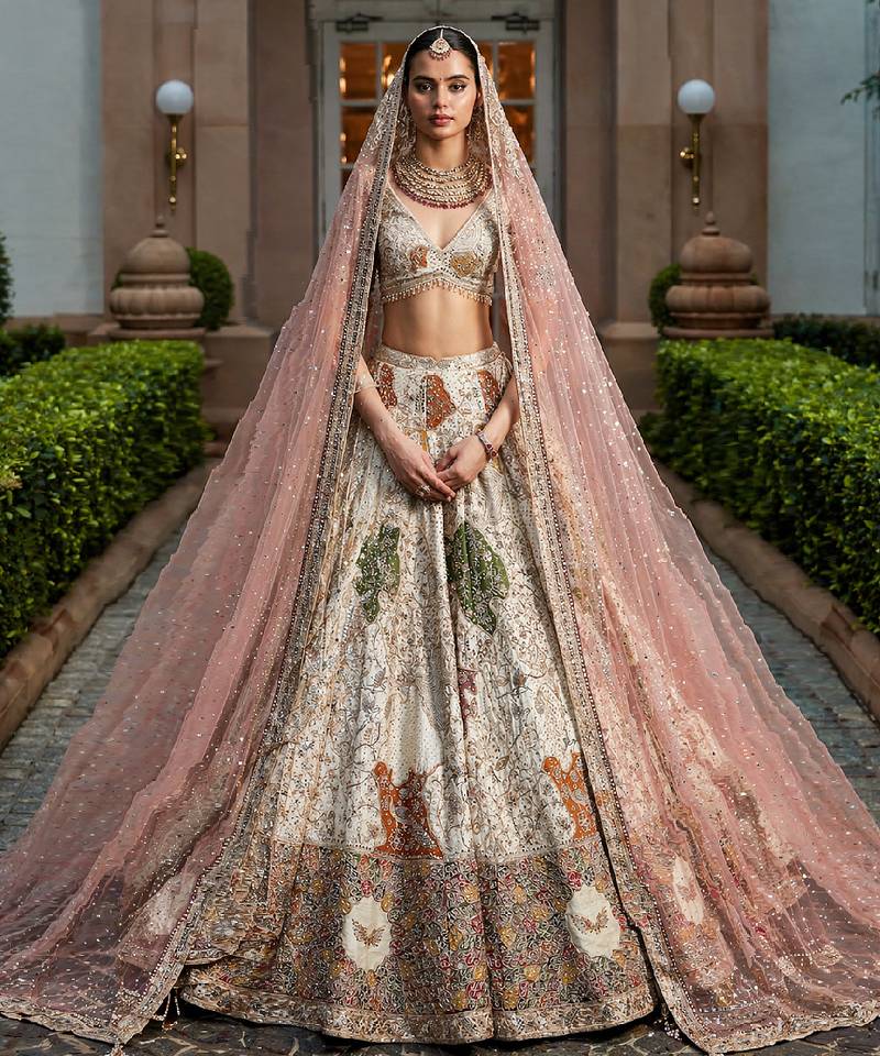 Ivory Embroidered Rambagh Silk Lehenga Set With Veil