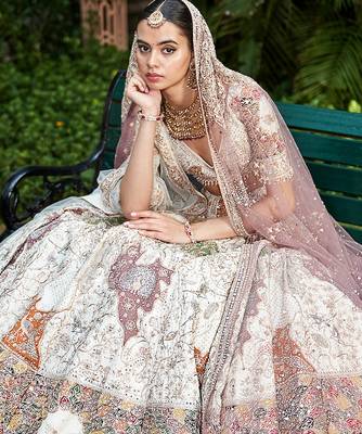Ivory Embroidered Rambagh Silk Lehenga Set With Veil 2