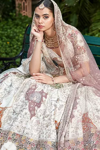 Ivory Embroidered Rambagh Silk Lehenga Set With Veil