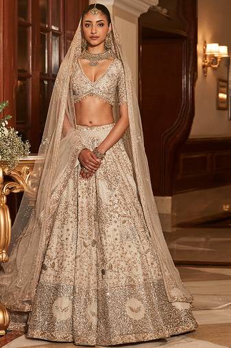 Golden Ivory Embroidered Tissue Silk Lehenga Set With Veil