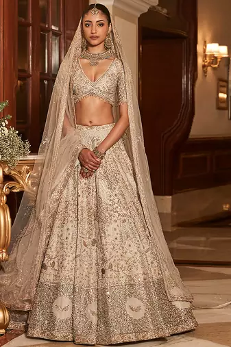 Golden Ivory Embroidered Tissue Silk Lehenga Set With Veil