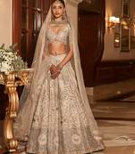 Golden Ivory Embroidered Tissue Silk Lehenga Set With Veil