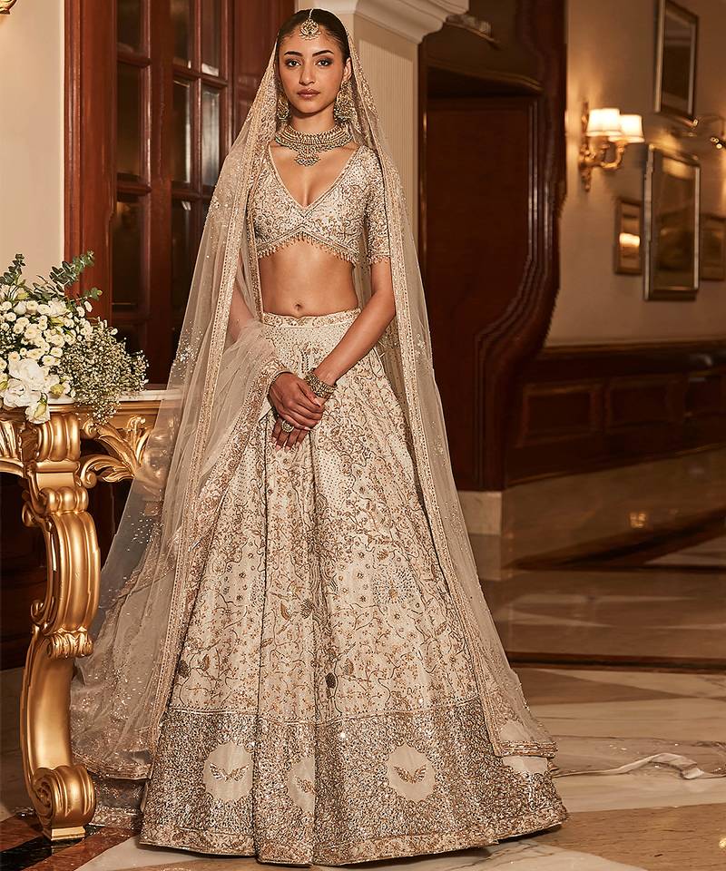 Golden Ivory Embroidered Tissue Silk Lehenga Set With Veil
