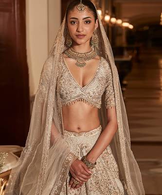 Golden Ivory Embroidered Tissue Silk Lehenga Set With Veil 2