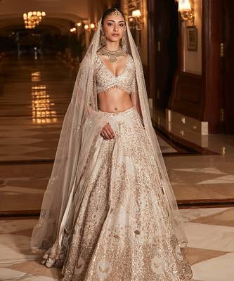 Golden Ivory Embroidered Tissue Silk Lehenga Set With Veil 3
