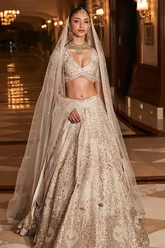 Golden Ivory Embroidered Tissue Silk Lehenga Set With Veil
