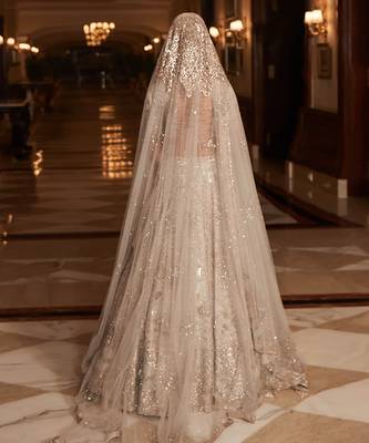 Golden Ivory Embroidered Tissue Silk Lehenga Set With Veil 4