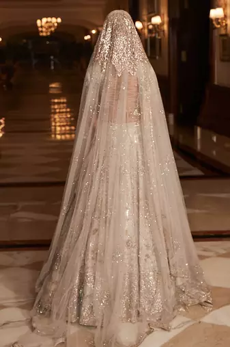 Golden Ivory Embroidered Tissue Silk Lehenga Set With Veil