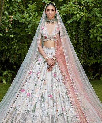 Ivory Embroidered Rambagh Silk Lehenga Set With Veil 1