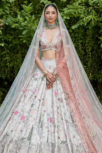 Ivory Embroidered Rambagh Silk Lehenga Set With Veil