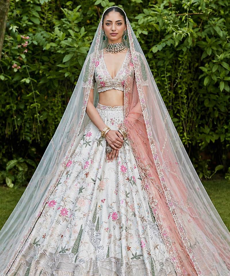 Ivory Embroidered Rambagh Silk Lehenga Set With Veil