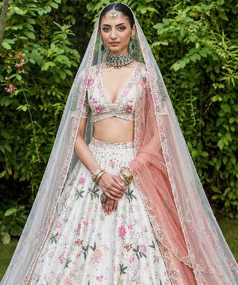 Ivory Embroidered Rambagh Silk Lehenga Set With Veil 2