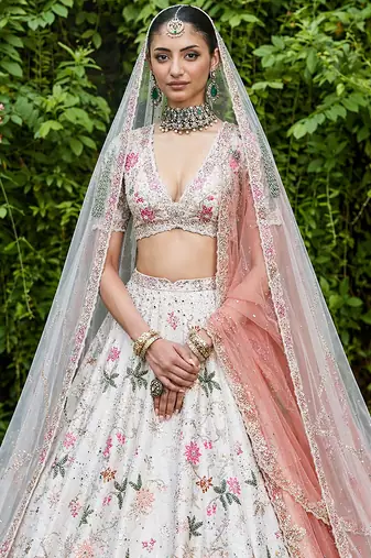 Ivory Embroidered Rambagh Silk Lehenga Set With Veil