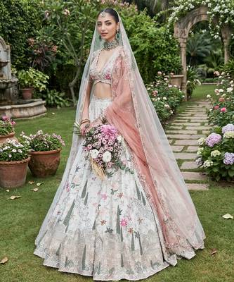 Ivory Embroidered Rambagh Silk Lehenga Set With Veil 3