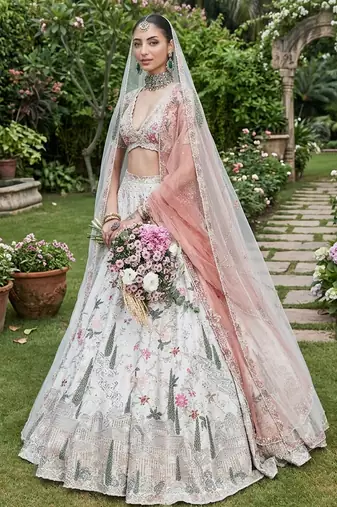 Ivory Embroidered Rambagh Silk Lehenga Set With Veil