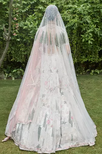Ivory Embroidered Rambagh Silk Lehenga Set With Veil