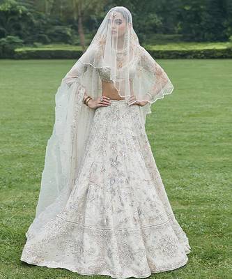 Ivory Embroidered Tulle Lehenga Set With Veil 1
