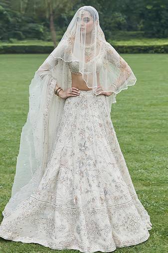 Ivory Embroidered Tulle Lehenga Set With Veil